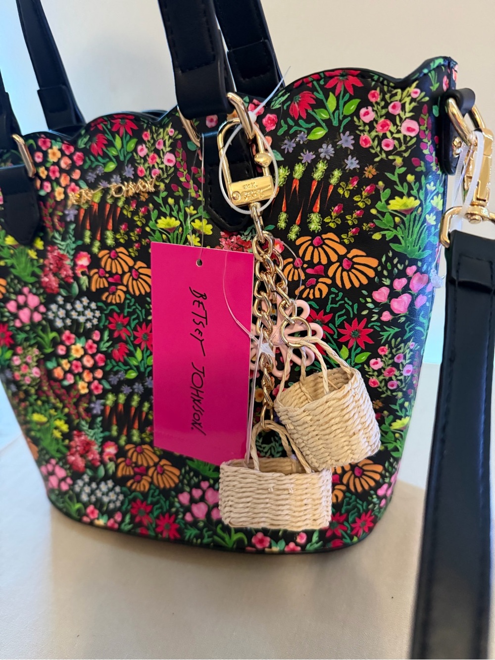 Betsey Johnson Black Floral Tote with Multicolor Blooms and Charm - Picture 2 of 7